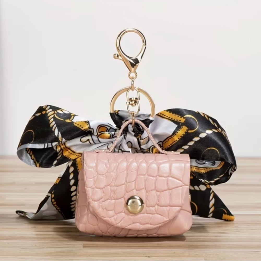 Pink Croc-Embossed Mini Bag with Scarf - Keychain or Bag Charm